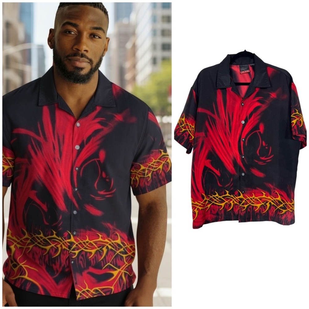 RARE!  Y2K C-TWO unique Tribal Red & Black Rave Men's Button Down Sz Large